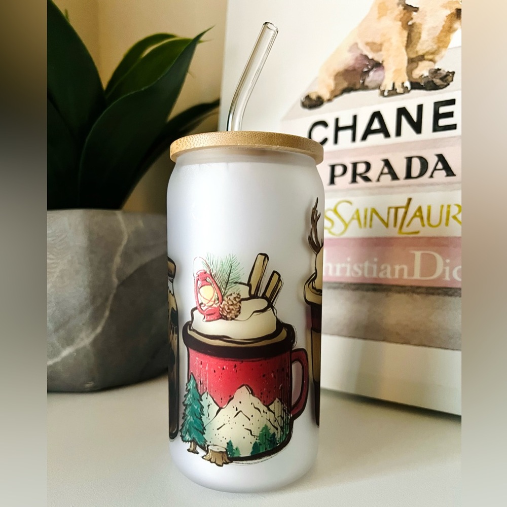 16oz Lumberjack Christmas Glass Can with Bamboo Lid and Glass Straw